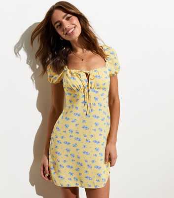 Yellow Floral Ditsy Print Short Sleeve Mini Milkmaid Dress