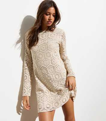 Cream Crochet Tassel Trimmed Long Sleeve Mini Dress 