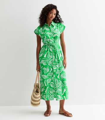 Green Floral Short-Sleeve Midi Shirt Dress