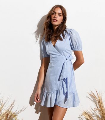 Pale Blue Cotton Embroidered Wrap Mini Dress New Look