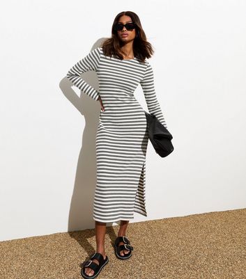 White Stripe Knit Split Hem Midi Dress New Look