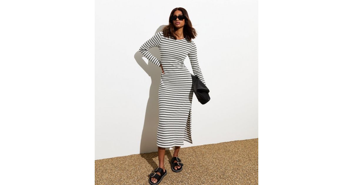 White Stripe Knit Split Hem Midi Dress | New Look