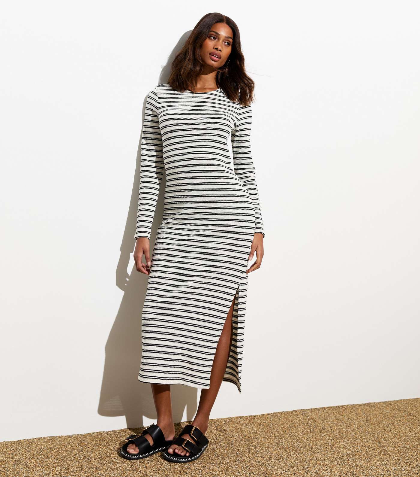 White Stripe Knit Split Hem Midi Dress Image 2