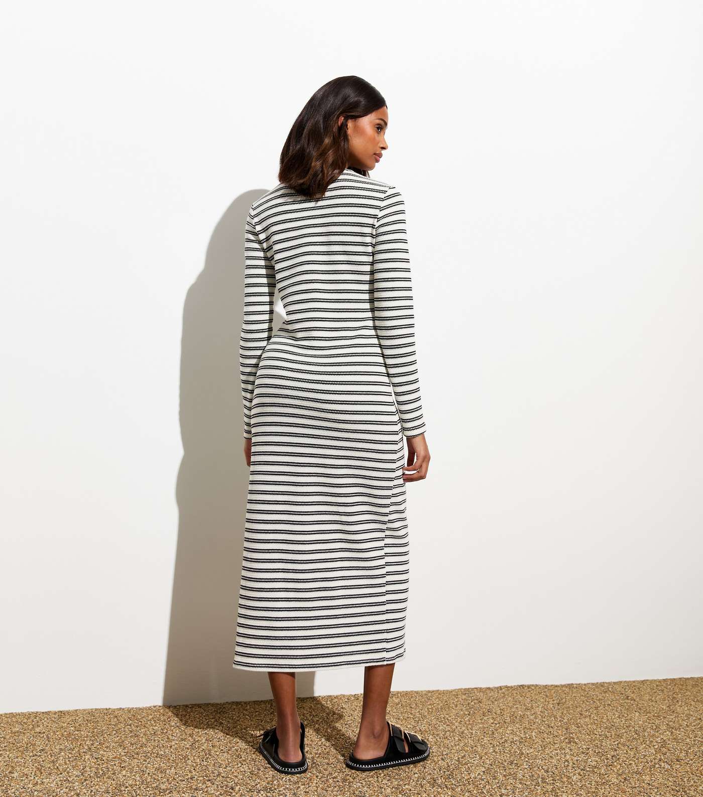 White Stripe Knit Split Hem Midi Dress Image 4