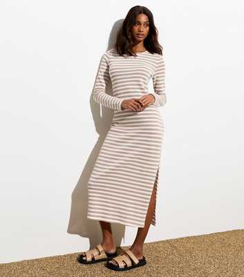 Brown Stripe Knit Split Hem Midi Dress