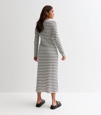 Petite Stripe Long Sleeve Split Hem Midi Dress New Look