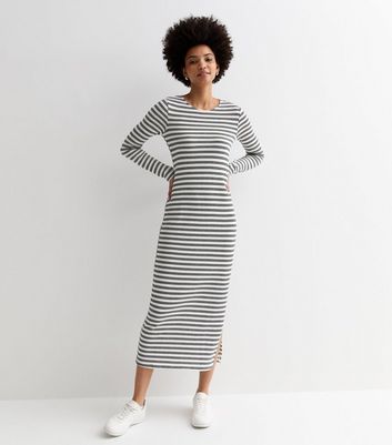 Tall White Stripe Fine Knit Split Hem Midi Dress New Look
