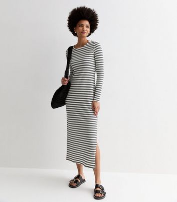 Tall White Stripe Fine Knit Split Hem Midi Dress New Look