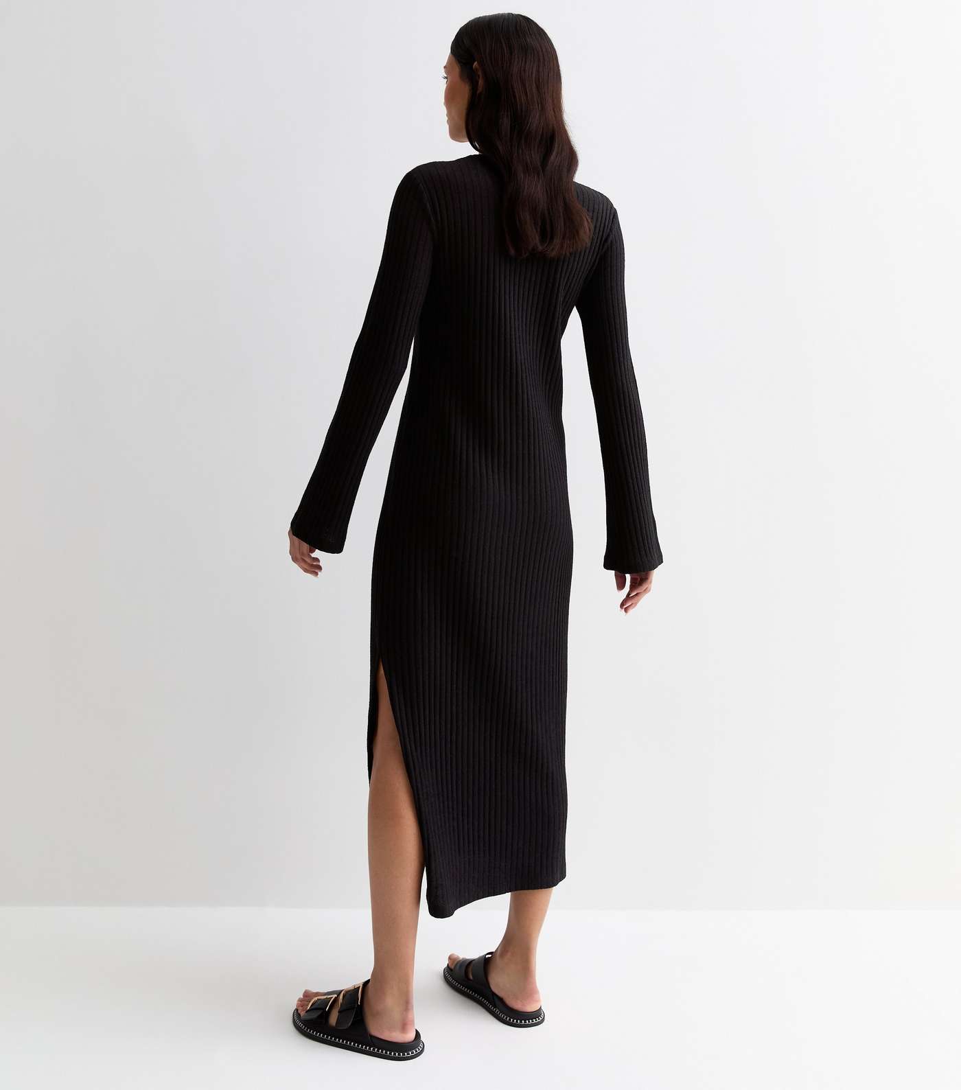 Black Ribbed Knit Long Sleeve Split Hem Midi Dress Image 4