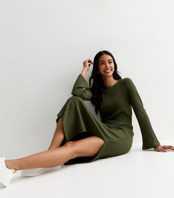 Khaki Ribbed Knit Long Sleeve Split Hem Midi Dress New Look