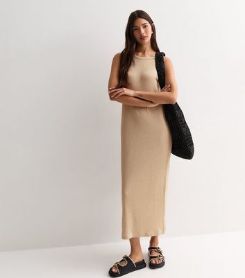 Stone Ribbed Racer Midi Dress New Look