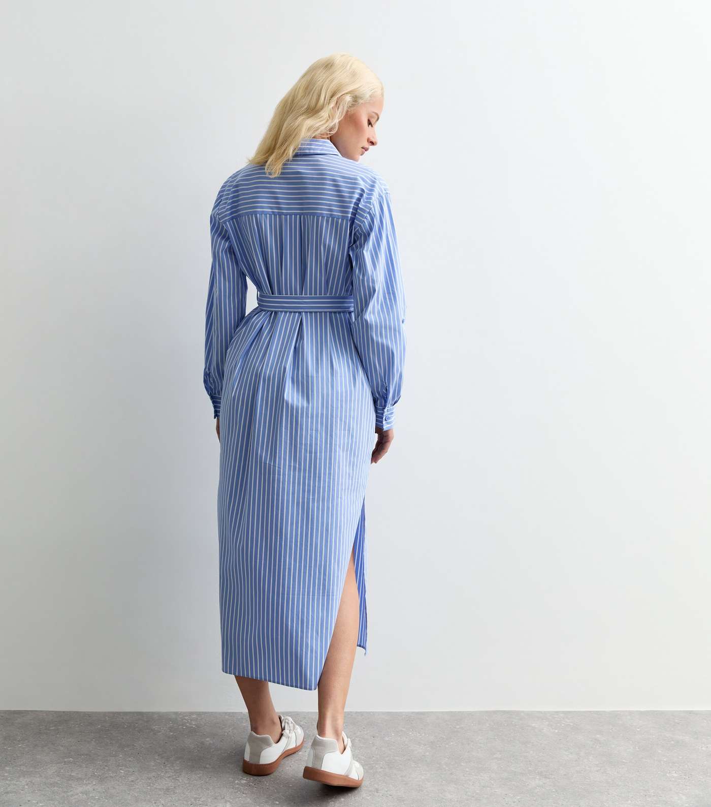 Blue Stripe Belted Midi Shirt Dress Image 3