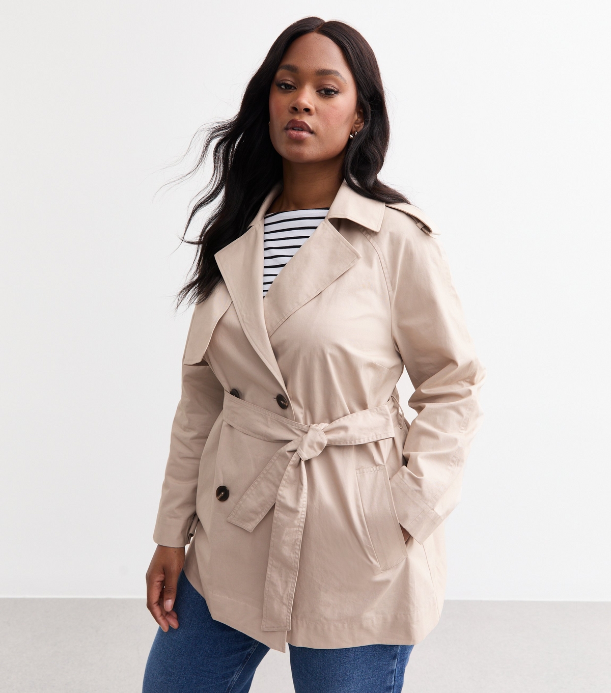 Women's Plus Size Stone Belted Cotton Short Trench Coat Curves New Look