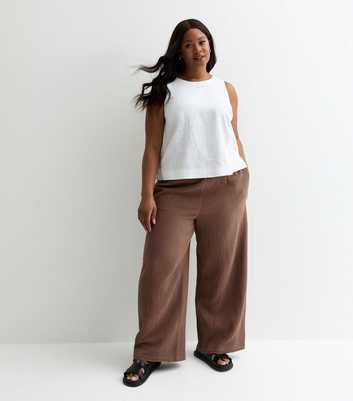 Curves Brown Textured Cotton Tie Waist Trousers
