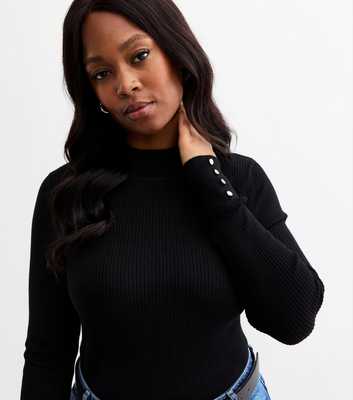 Curves Black Button Detail Rib Knitted Jumper