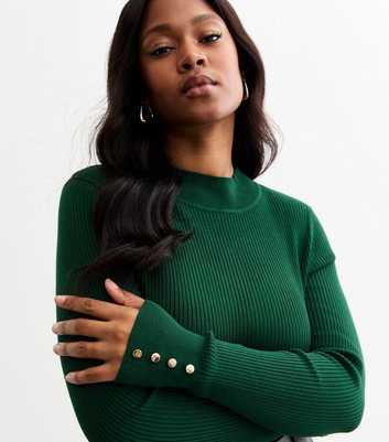 Curves Dark Green Button Detail Rib Knitted Jumper