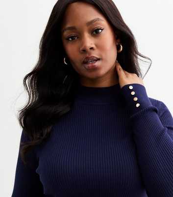 Curves Navy Button Detail Rib Knitted Jumper