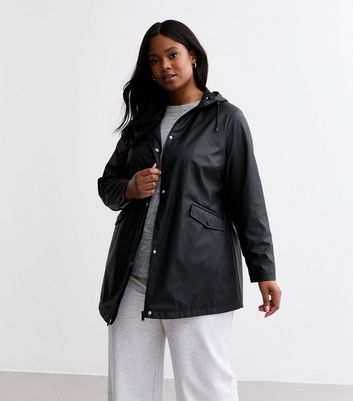 Curves Black Hooded Rain Coat New Look