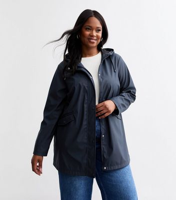 Curves Navy Hooded Rain Coat New Look