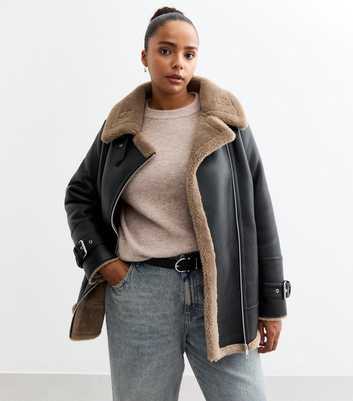 Curves Black Faux Shearling Aviator Jacket