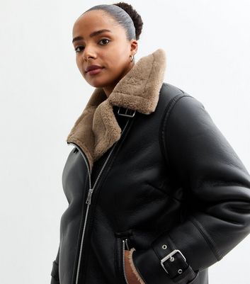 Curves Black Faux Shearling Aviator Jacket New Look