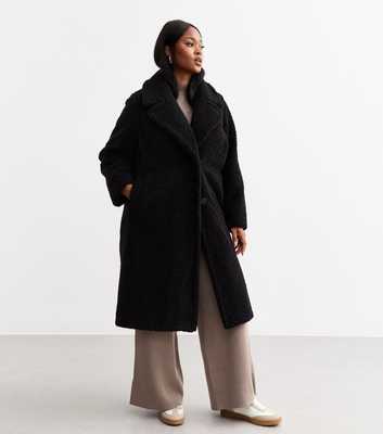 Curves Black Wide Lapel Fleece Coat