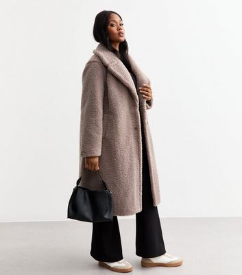 Curves Beige Wide Lapel Fleece Coat New Look