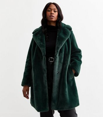 Curves Dark Green Faux Fur Coat New Look