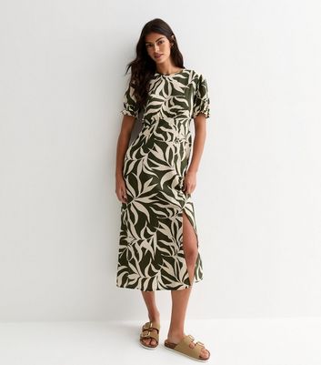Green Leaf Print Split Hem Midi Dress New Look