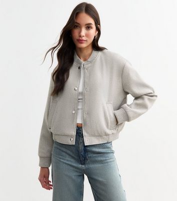 Grey Brushed Crop Bomber Jacket New Look