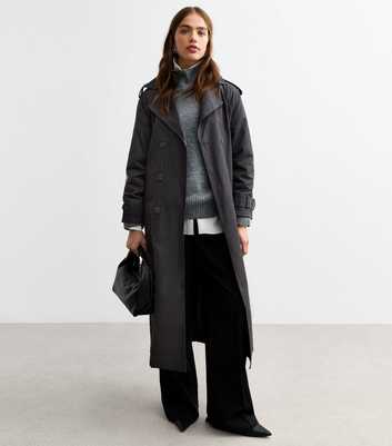 Dark Grey Double-Breasted Lined Cotton Trench Coat 