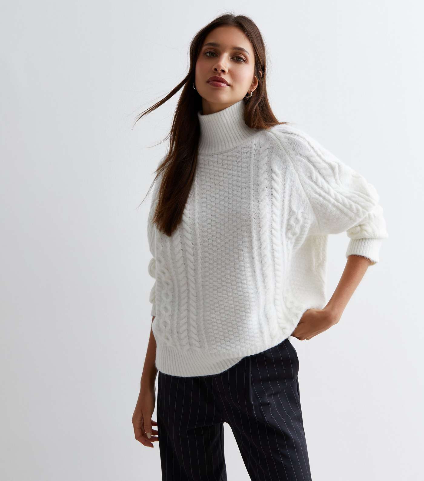 Blue Vanilla Off White Cable Knit High Neck Jumper Image 2