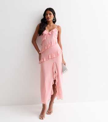 Pink Ruffle-Trim Strappy Midi Dress