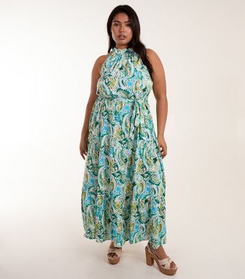 Blue Vanilla Curves Green Paisley Print Halter Midi Dress New Look