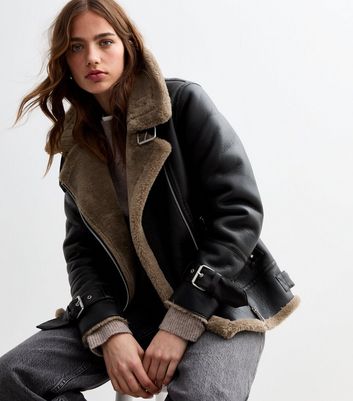 Black Faux Shearling Aviator Jacket New Look