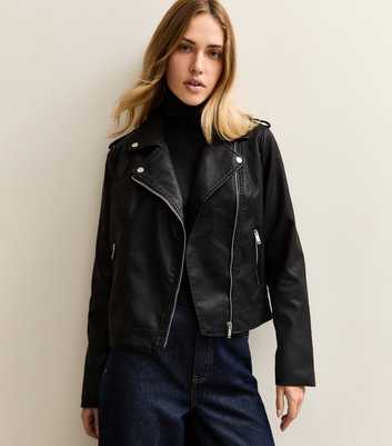 Black Leather-Look Biker Jacket