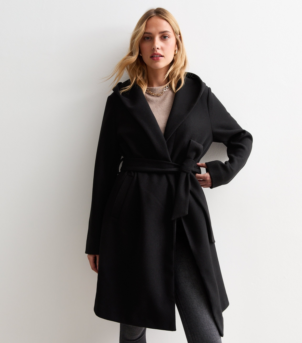 Women's Black Unlined Hooded Wrap Coat New Look