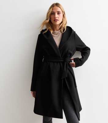 Black Unlined Hooded Wrap Coat