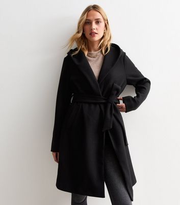 Black Unlined Hooded Wrap Coat New Look