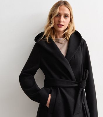 Black Unlined Hooded Wrap Coat New Look