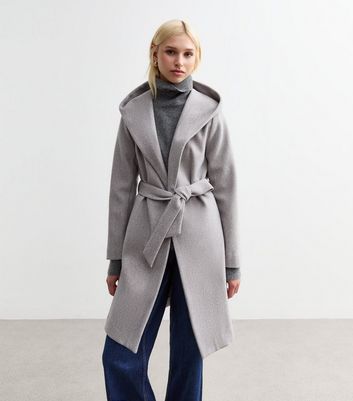 Pale Grey Unlined Hooded Wrap Coat