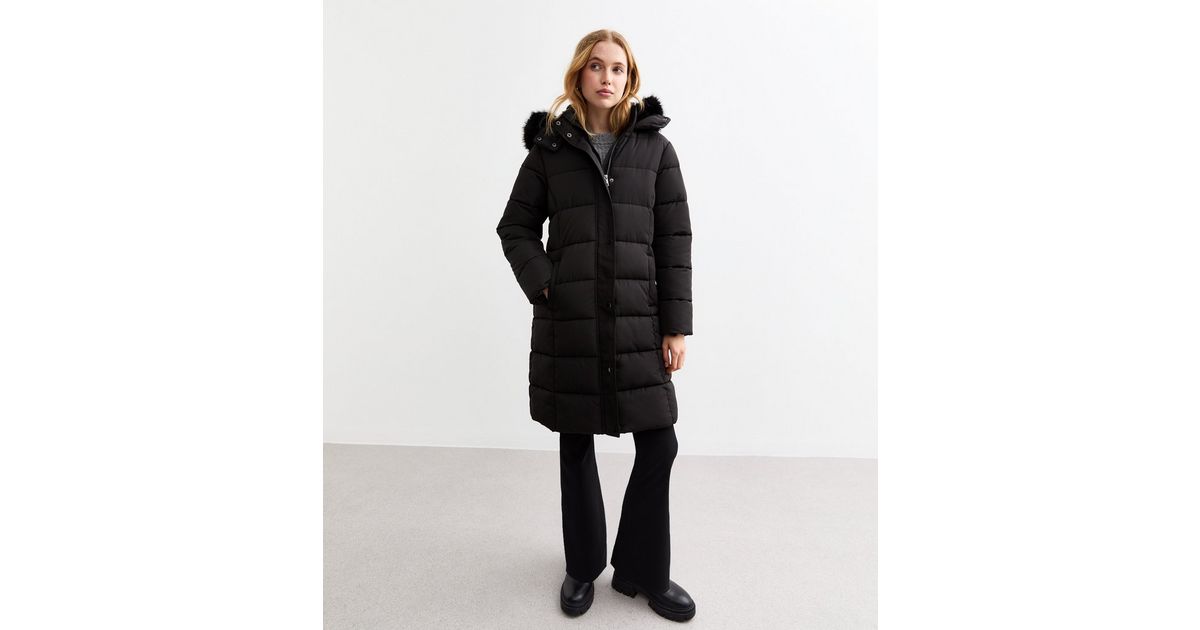 Black Faux Fur Trim Hood Long Puffer Coat New Look