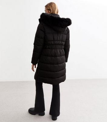 Black Faux Fur Trim Hood Long Puffer Coat New Look