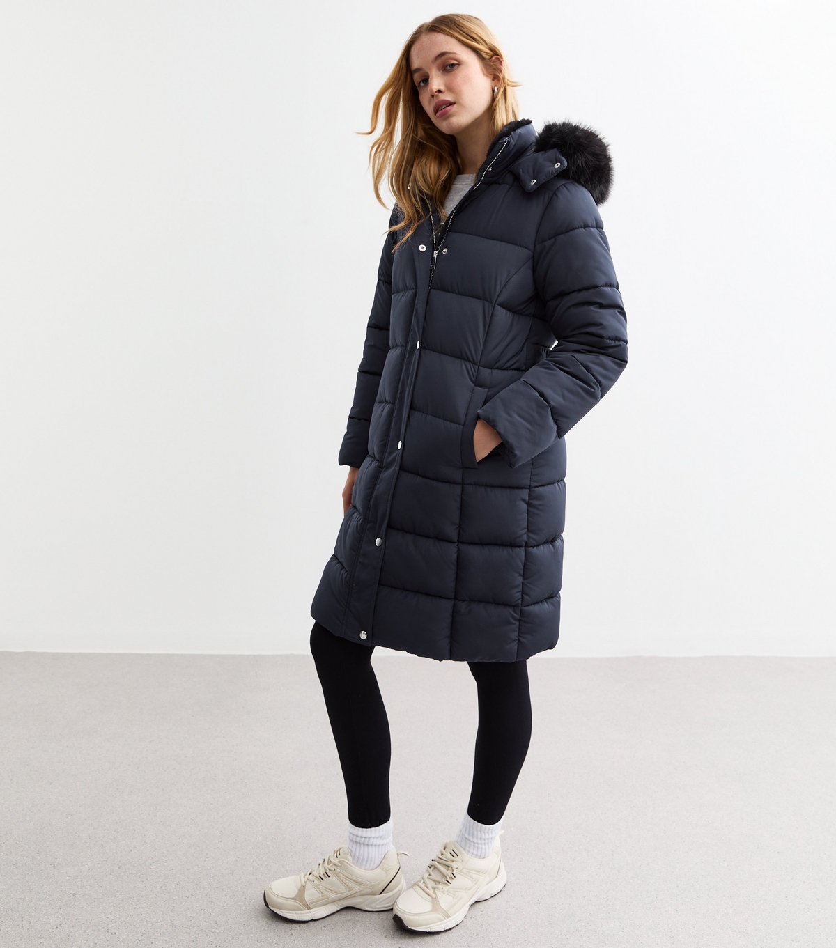 Women's Navy Faux Fur Trim Hood Long Puffer Coat New Look
