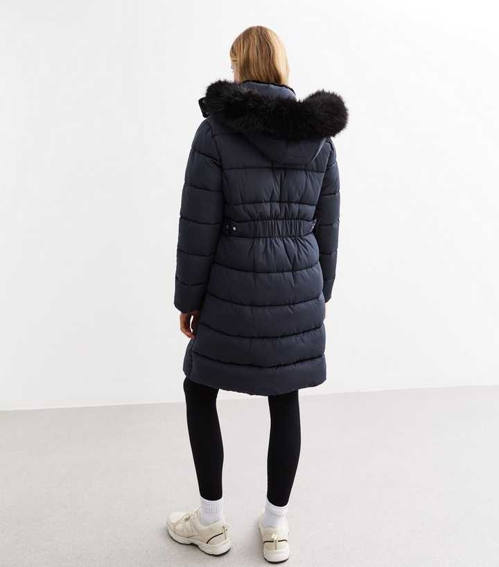 Navy Faux Fur Trim Hood Long Puffer Coat