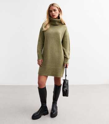 Petite Olive Roll Neck Mini Jumper Dress