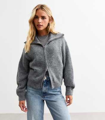 Petite Grey High Neck Two Way Zip Knitted Cardigan