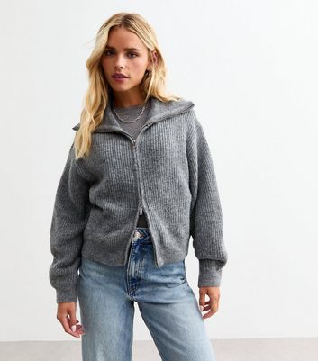 Petite Grey High Neck Two Way Zip Knitted Cardigan | New Look