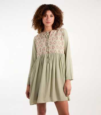 Blue Vanilla Olive Embroidered Tunic Smock Dress