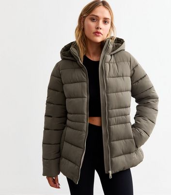 Khaki hooded puffer jacket sale